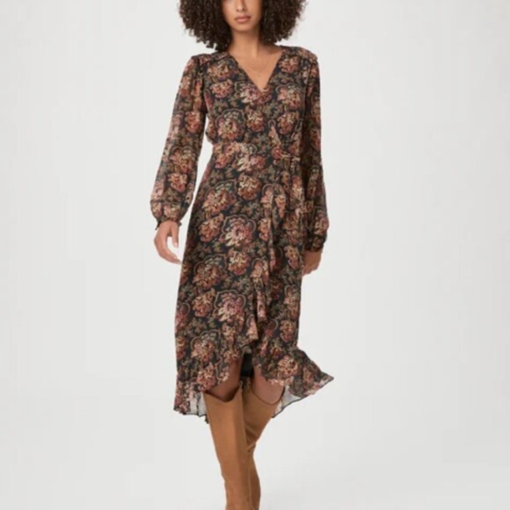 PAIGE Paulette Print Long Sleeve Silk Dress in Black Blue - size XS - NWT